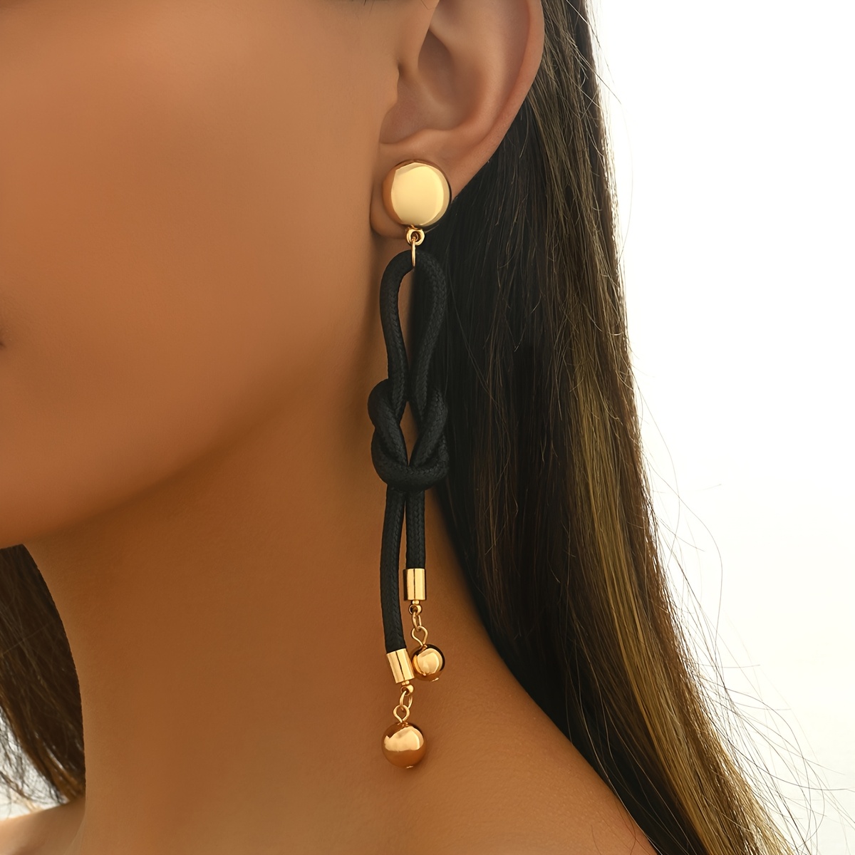 Women's Bohemian Black Rope Knot Geometric Long Stud Earrings